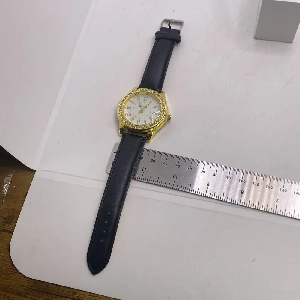 Geneva Gold Tone Rhinestone Black Leather Watch New Battery